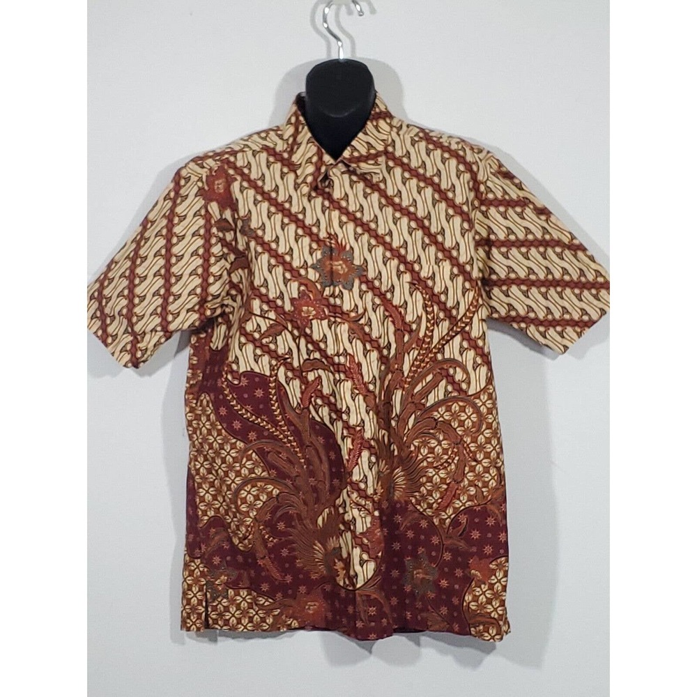 Batik Keris Men's Button Down Short Sleeve Cotton Shirt Beachy Casual 16" Neck